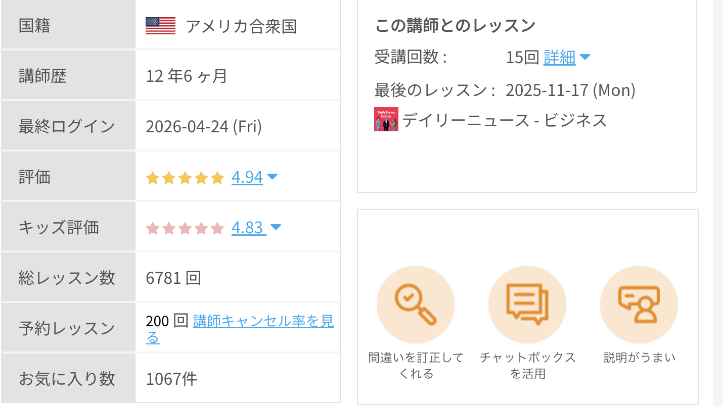 Eli先生の講師評価